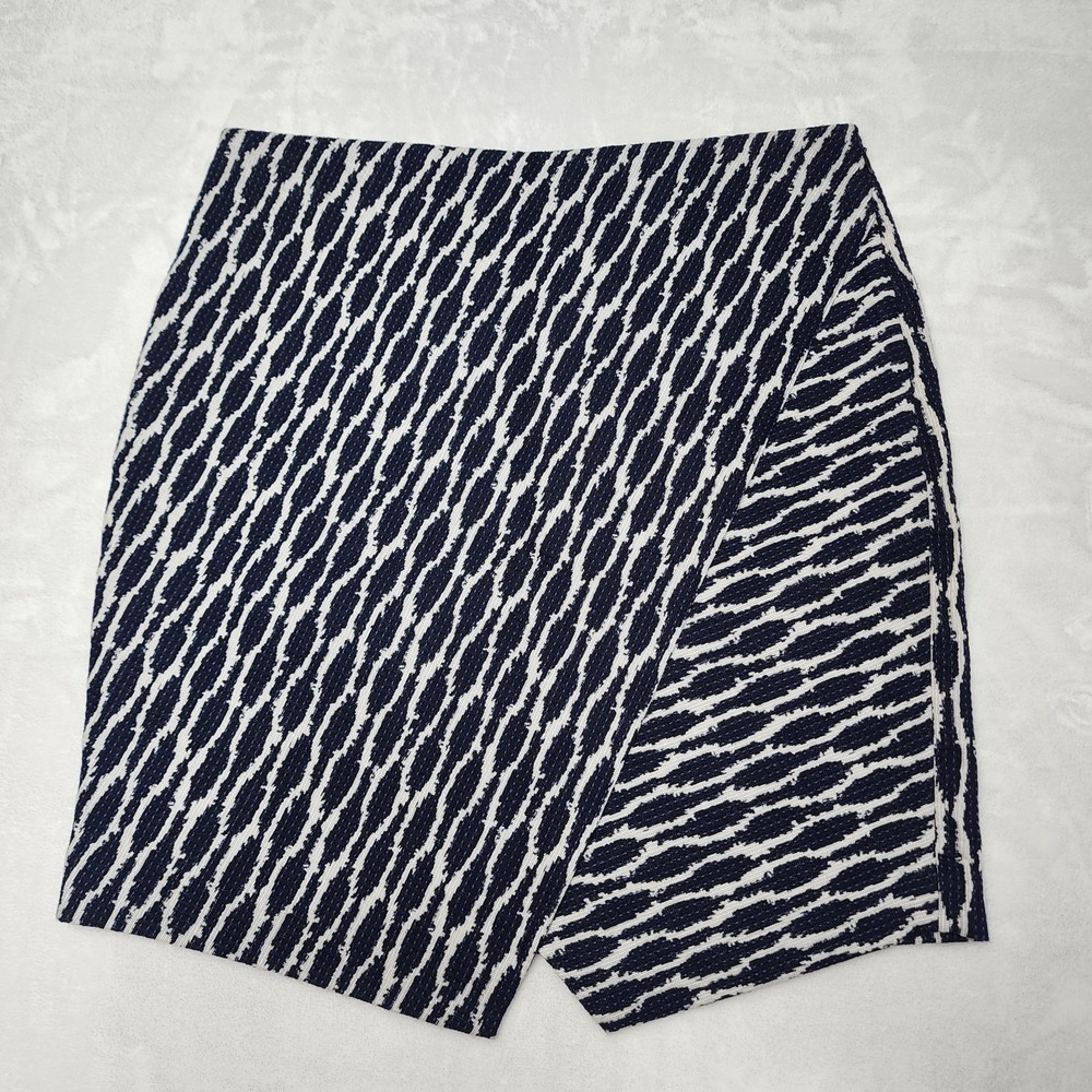 Ann Taylor LOFT Womens Navy White Ikat Asymmetrical Faux Wrap Skirt- Size M